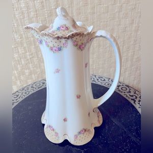 ANTIQUE 19C. ROSENTHAL MADELEINE CHOCOLATE POT PINK ROSES wz lid Sevres Style